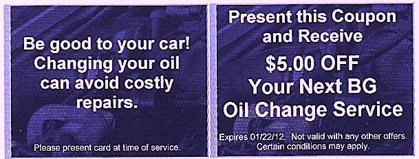 Oil change coupon: Get $5 off your next with BG products 