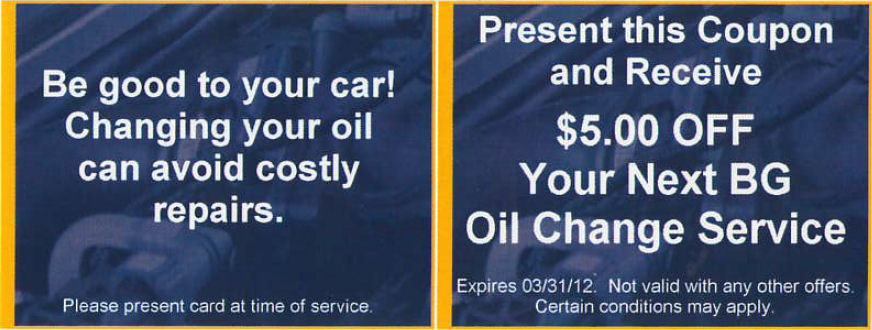 Save $5 on your next oil change with BG