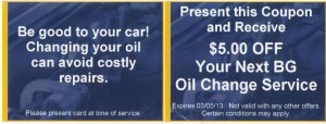 Save $5 on your next oil change with BG products through March 5, 2013
