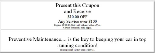Auto repair discount coupon